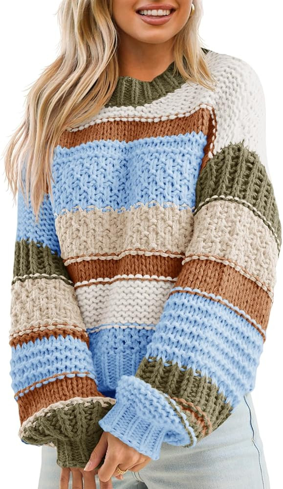 Saodimallsu Womens Color Block Sweater Striped Chunky Knit Cropped Sweaters Crewneck Fall Long Sl... | Amazon (US)