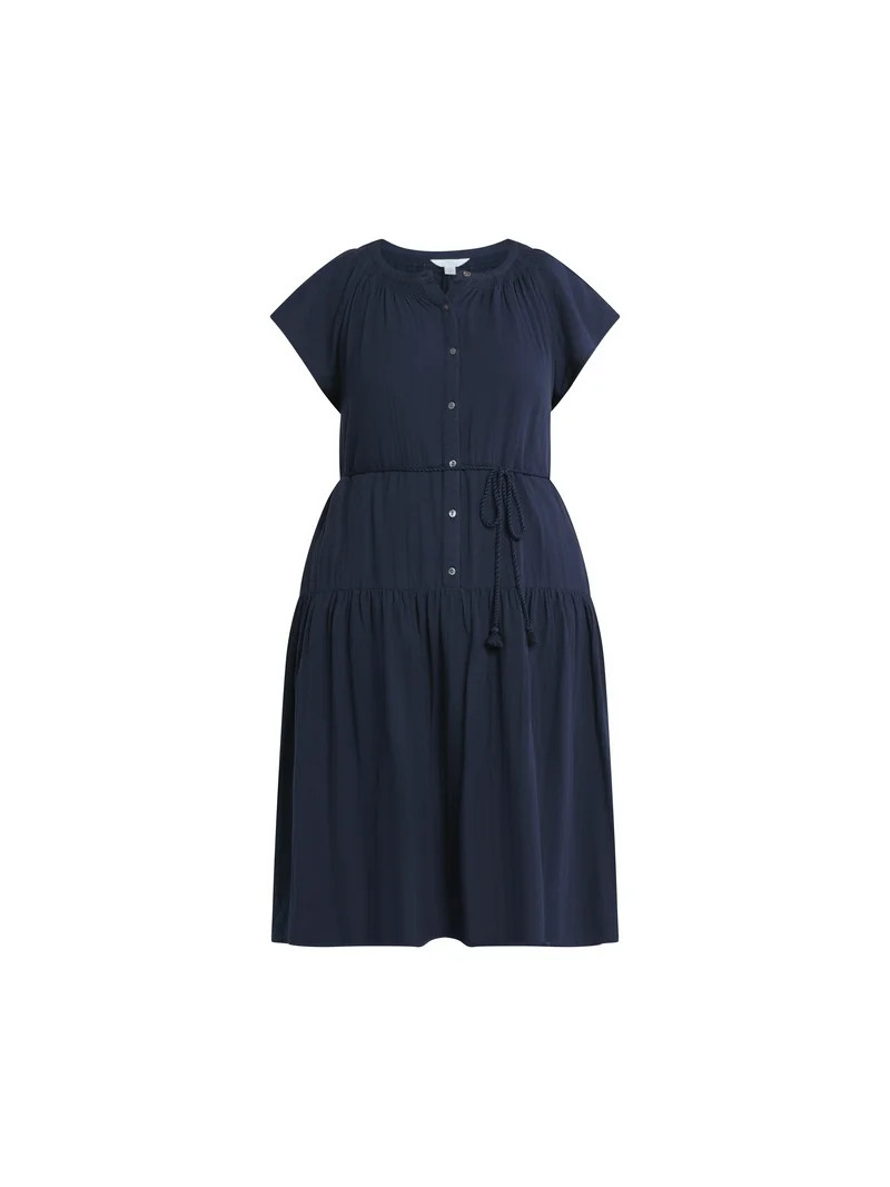 Time and Tru Women's and Women's Plus Double Cloth Cotton Midi Dress, Sizes XS-4X | Walmart (US)