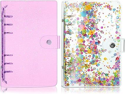 2 Pieces A6 Soft PVC 6-Ring Binder Cover, Notebook Binder Cover with Shiny Sequins and Snap Butto... | Amazon (US)