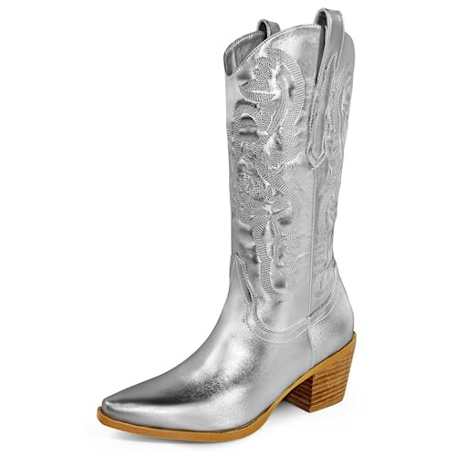 Ouepiano Women's Western Cowboy Embroidered Mid Calf Boots, Almond Pointed Toe 6cm Medium Chunky ... | Amazon (US)