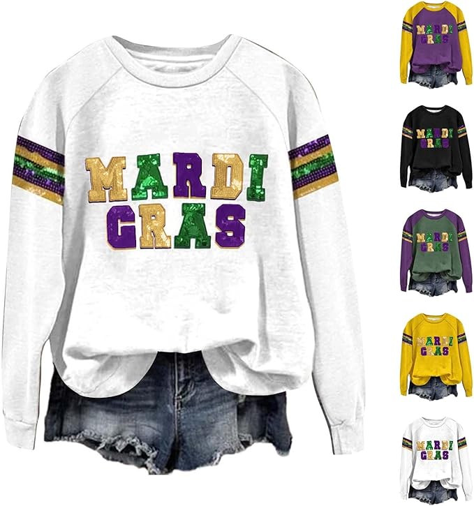 Mardi Gras Outfit for Women Cute Print Carnival Long Sleeve Sweaters Trendy Casual Crew Neck Swea... | Amazon (US)