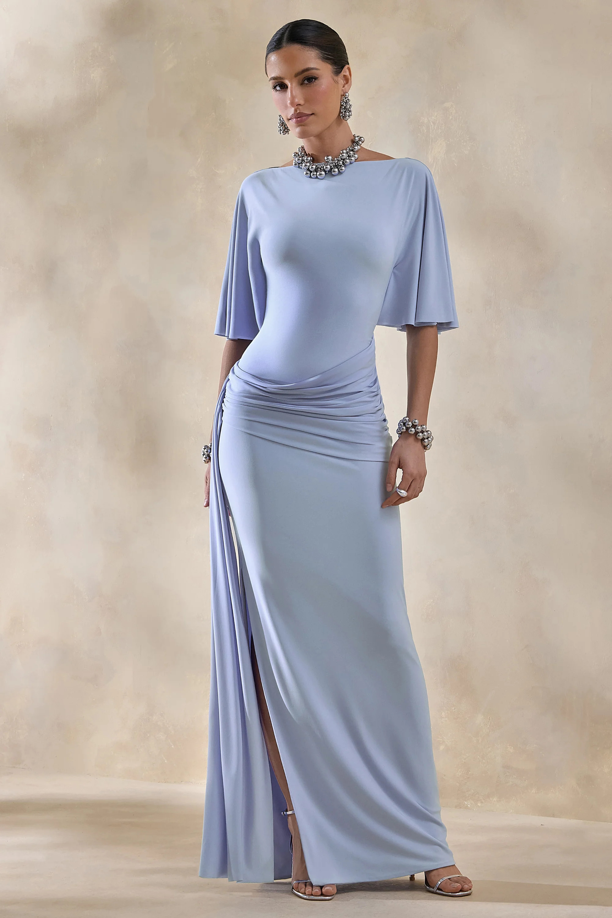 Emerelle | Powder Blue Wide-Neck Maxi Dress With Sash And Draped-Detailing | Club L London