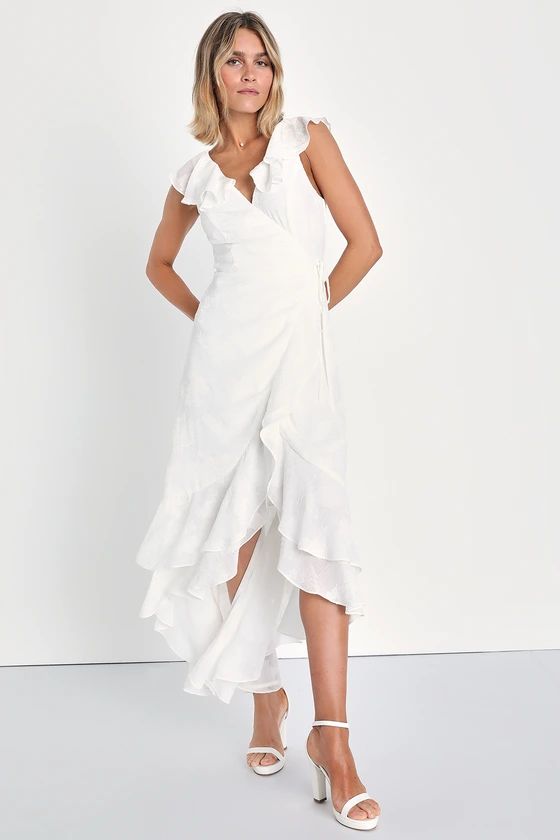 Adorable Aura White Floral Burnout High Low Wrap Dress White Maxi Dress Long White Dress White Gown | Lulus