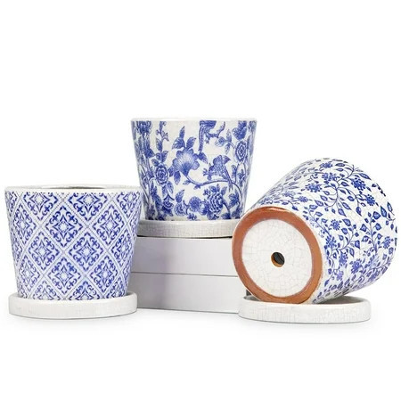 Set of 3 Decorative Plant Pots Blue and White Flower Pot, Round Ceramic Planters for Indoor Plants Pots with Drainage Hole Saucers, Retro Planter Pot for Succulents Cactus Outdoor Garden, 5.5/5.7 Inch | Walmart (US)