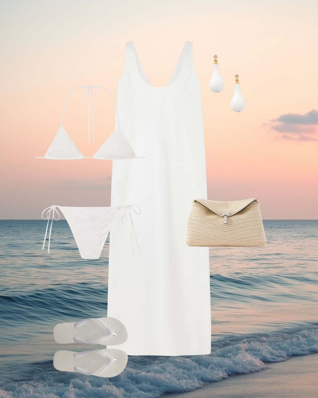 All-White Resort Sunset Look | Textured White Bikini, White Maxi Cover-Up Dress & Raffia Envelope Clutch 

 #LTKootd #LTKSwim #LTKTravel