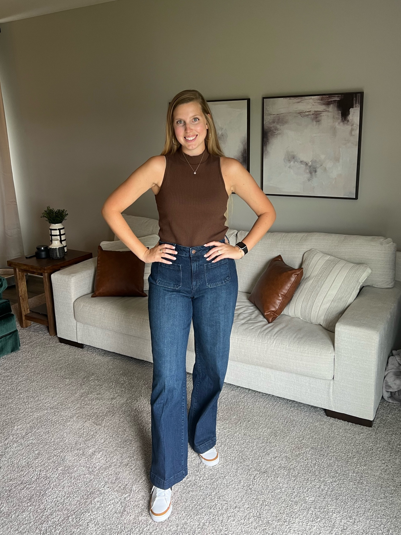Loving the wide leg denim trend for fall. Paired with a sleeveless top for an easy transition outfit into fall. Both fit true to size in the tall length! 

#LTKmidsize #LTKsalealert #LTKfindsunder50