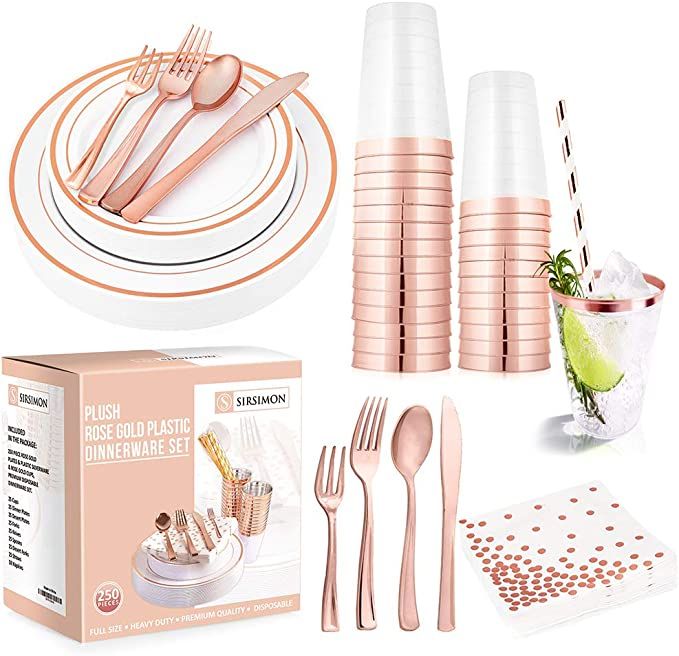 SIRSIMON 250 Piece Disposable Rose Gold Plastic Dinnerware Set - 50 Rose Gold Plastic Plates - 25 Ro | Amazon (US)