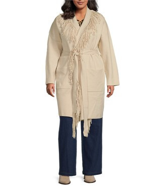 Plus Size Long Sleeve Fringe Accented Tie Front Coat | Dillard's