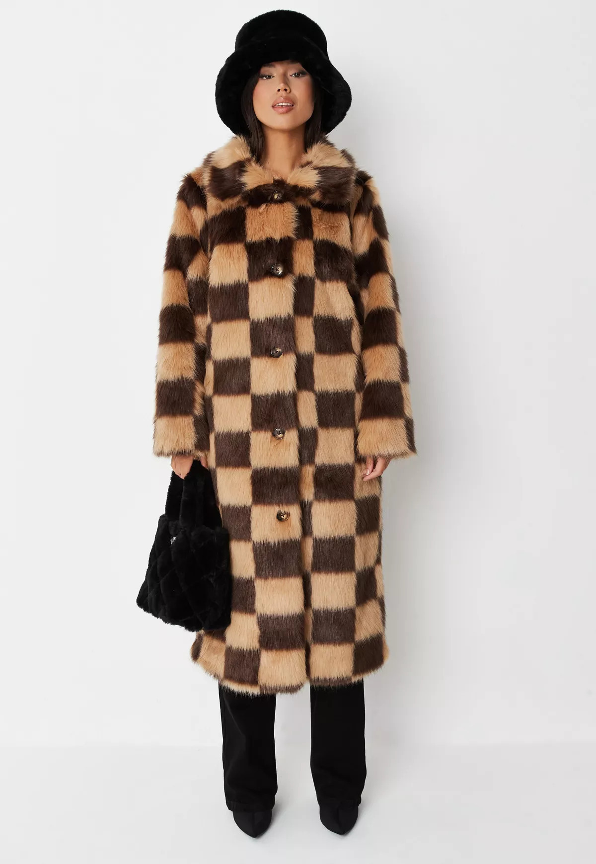 Chocolate Plaid Faux Fur Formal Coat | Missguided (US & CA)