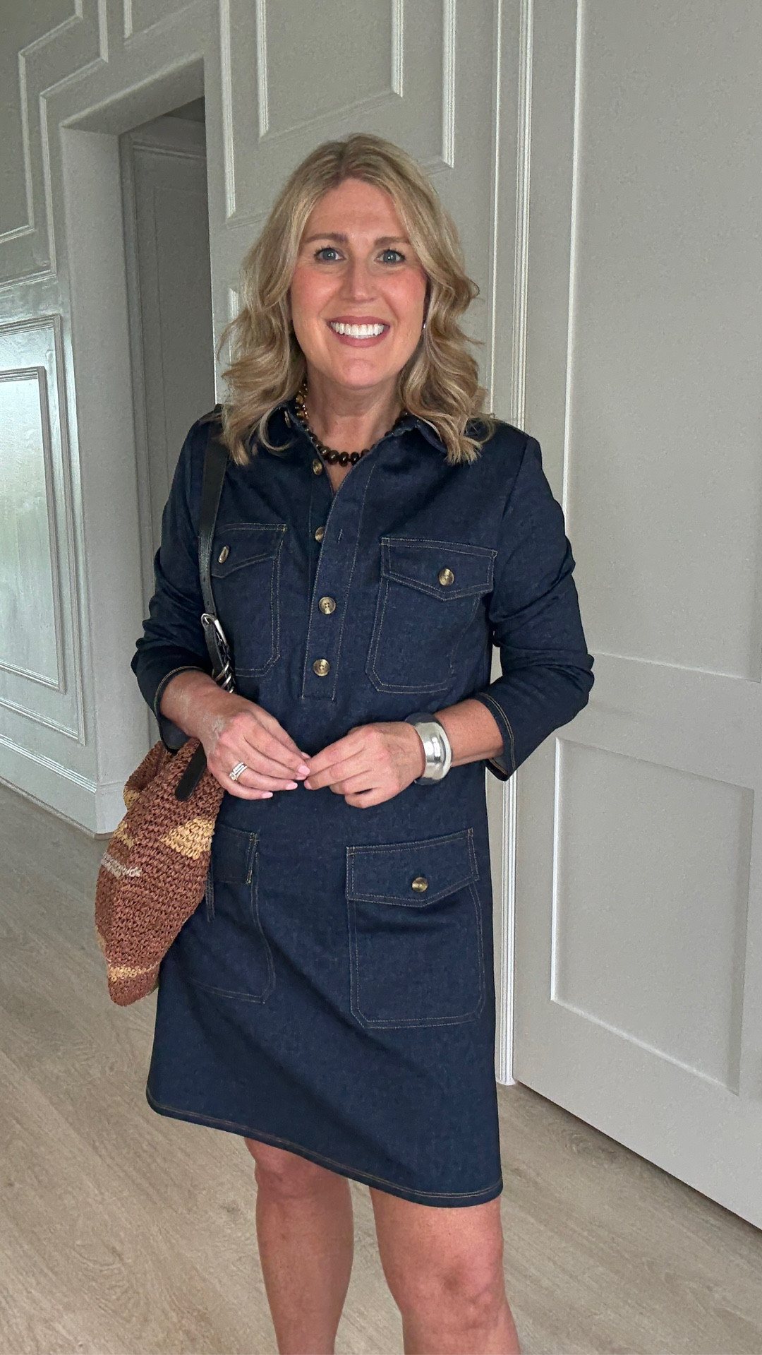 Denim dress is stretchy and a medium weight fabric. Runs tts. 
Shirtdress is very stretchy. Runs tts. 
Short a-line dress with ruffle is very stretchy and lightweight. Relaxed fit. Runs tts. 

#LTKOver40 #LTKWorkwear #LTKStyleTip