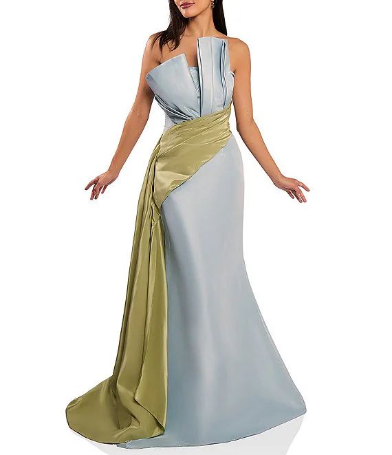 Terani Couture Taffeta Strapless Asymmetrical Bodice Two-Tone Drape Mermaid Dress | Dillard's | Dillard's