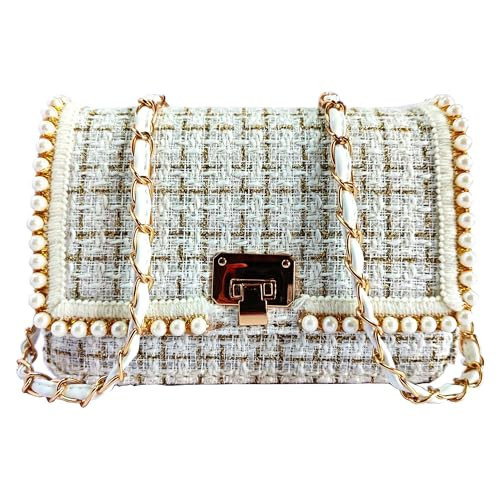 DFJXXX Shoulder Bag Chain Purse for Women, Fashion Clutch Crossbody Bag Retro Tweed Pearl Underarm Bag Square Satchel Handbag (white) | Amazon (US)