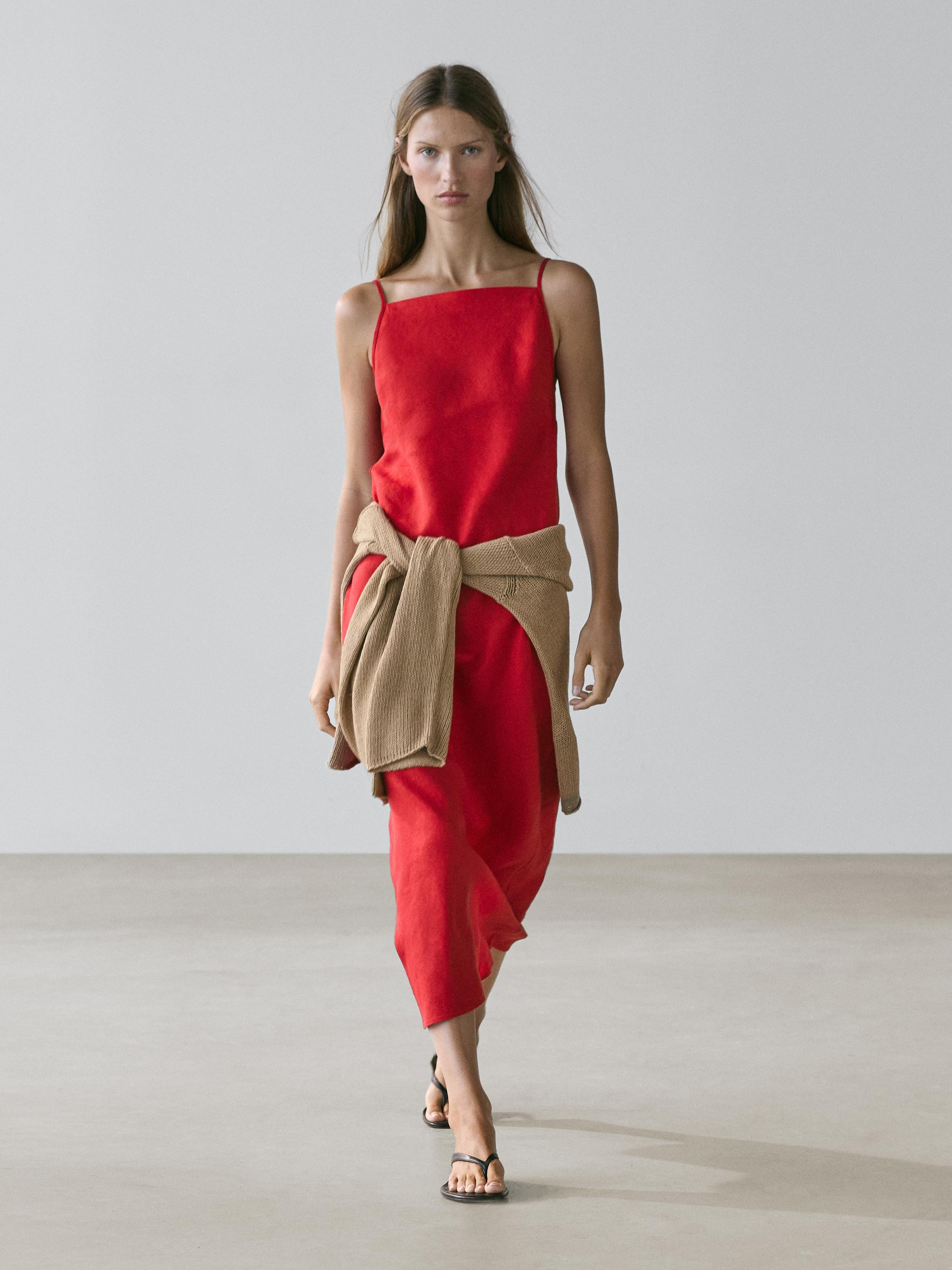 100% linen midi dress with straight neckline | Massimo Dutti UK