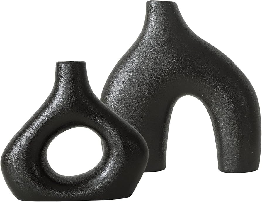 BLACK Ceramic Vase Set of 2 for Modern Home Decor, Round Matte Donut Vases for Pampas Grass, Neut... | Amazon (US)