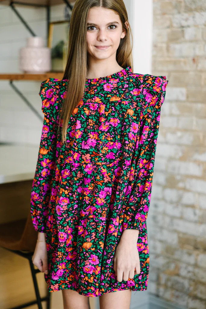 Girls: Make My Day Black Ditsy Floral L/S Babydoll Dress | The Mint Julep Boutique