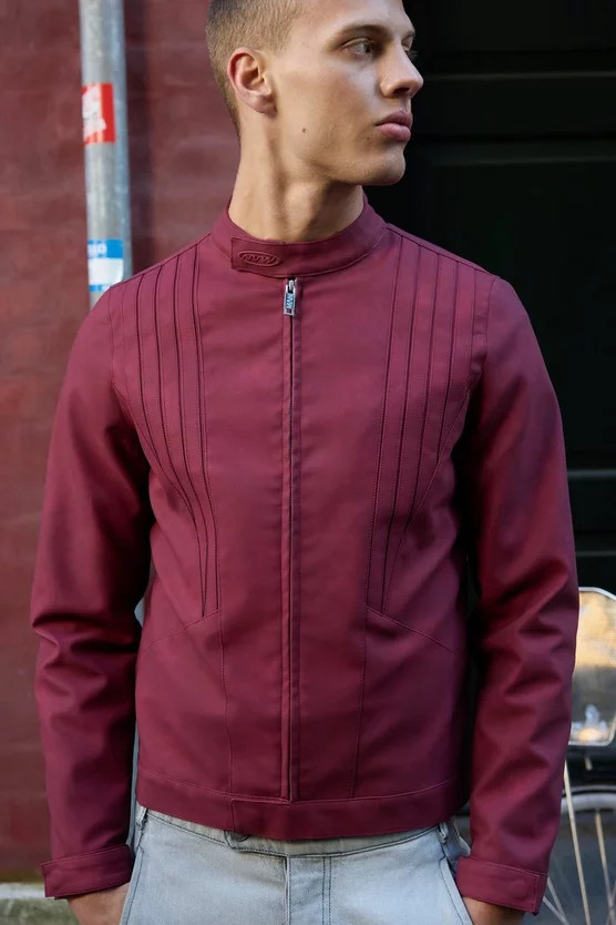 Man Washed PU Tonal Biker Jacket In Burgundy | boohooMAN (US & Canada)