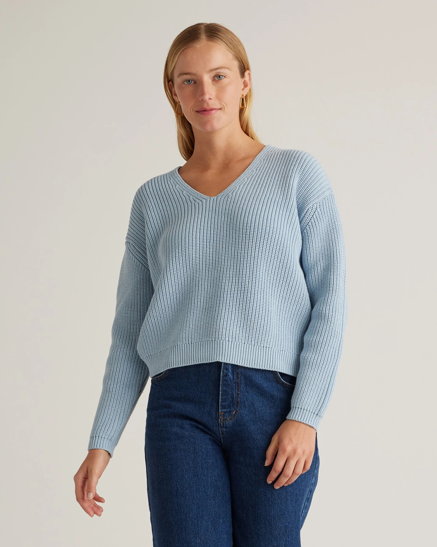 100% Organic Cotton Fisherman V-Neck Sweater in Sky Blue | Quince