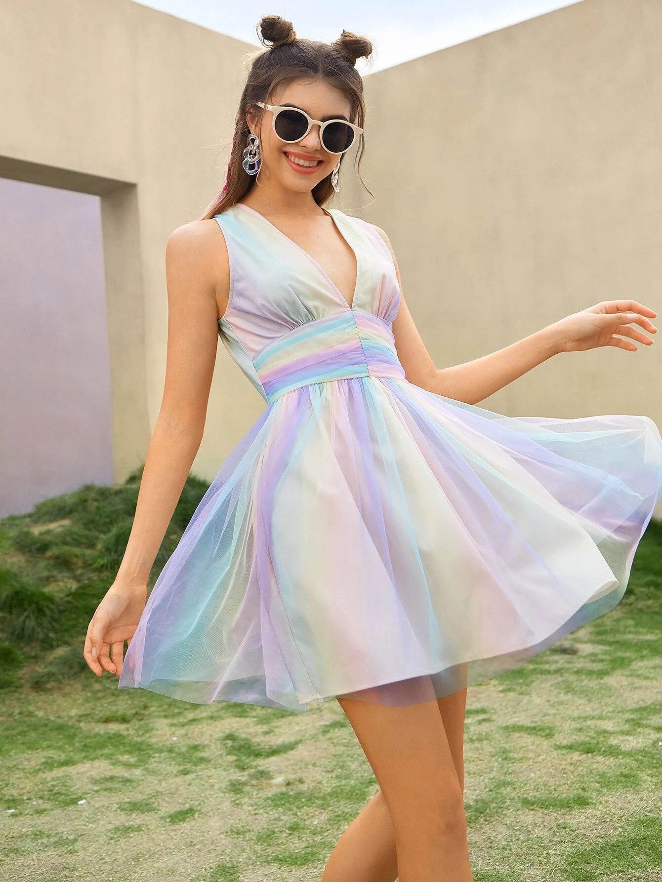 Double Crazy Ombre Fit & Flare Mesh Dress | SHEIN