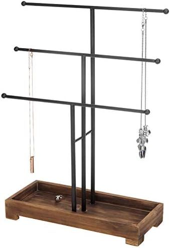 MyGift 3-Tier Black Metal T-Bar Necklace & Bracelet Jewelry Display Stand & Organizer with Wood Ring | Amazon (US)