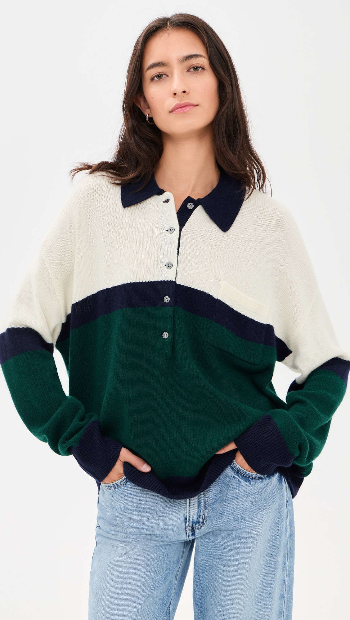 Good American The Oversized Rugby Sweater Forest Blocked Stripe M | Shopbop