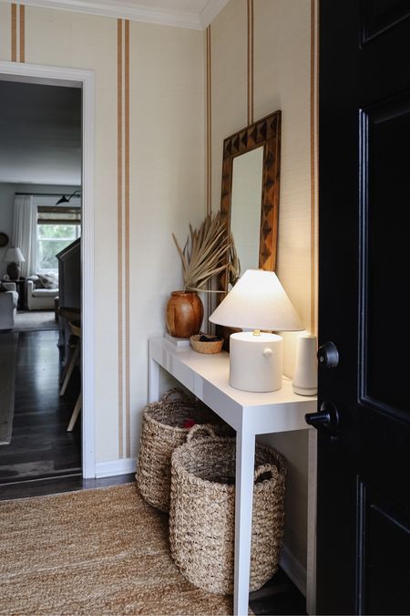 Entry way, white console table, jute rug, carved wooden mirror, white lamp, striped wallpaper, studio McGee x target

#LTKhome