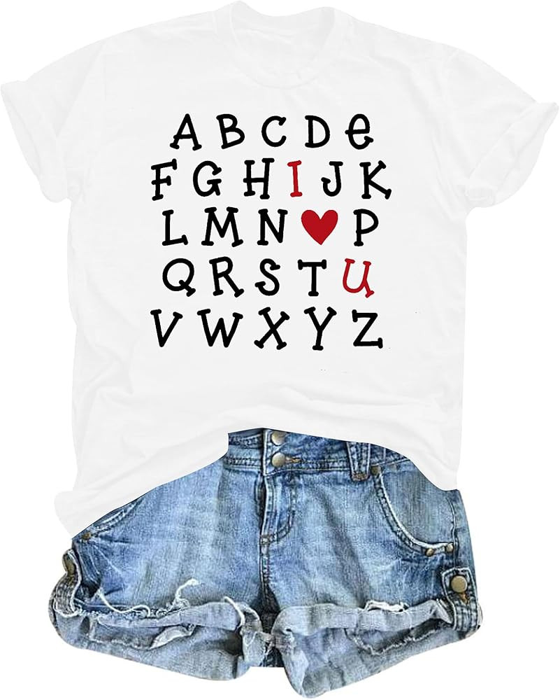 Valentines Day Shirts Teacher Outfits Alphabet ABC I Love You Tops Girlfriend Gifts Valentine Sho... | Amazon (US)