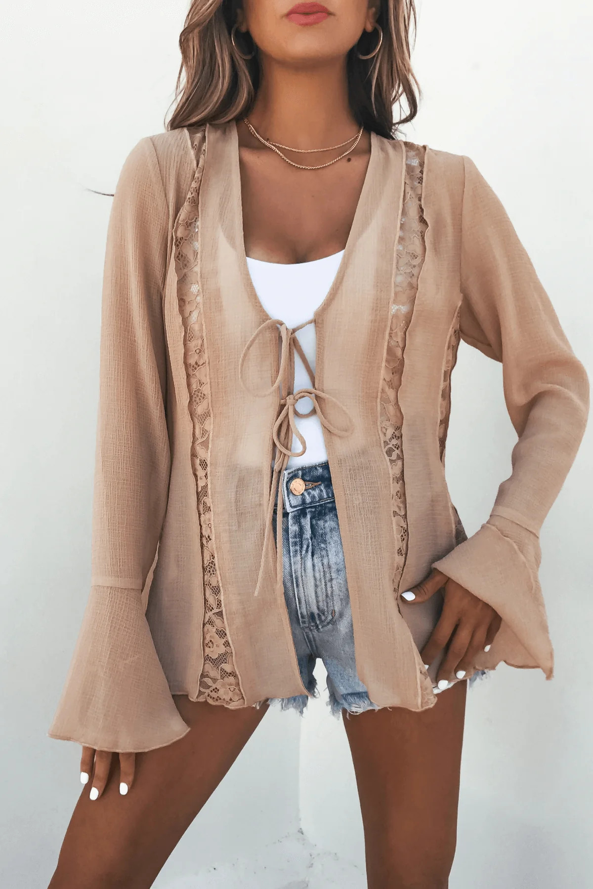 Sand Bell Sleeve Sheer Lace Top | Magnolia Boutique