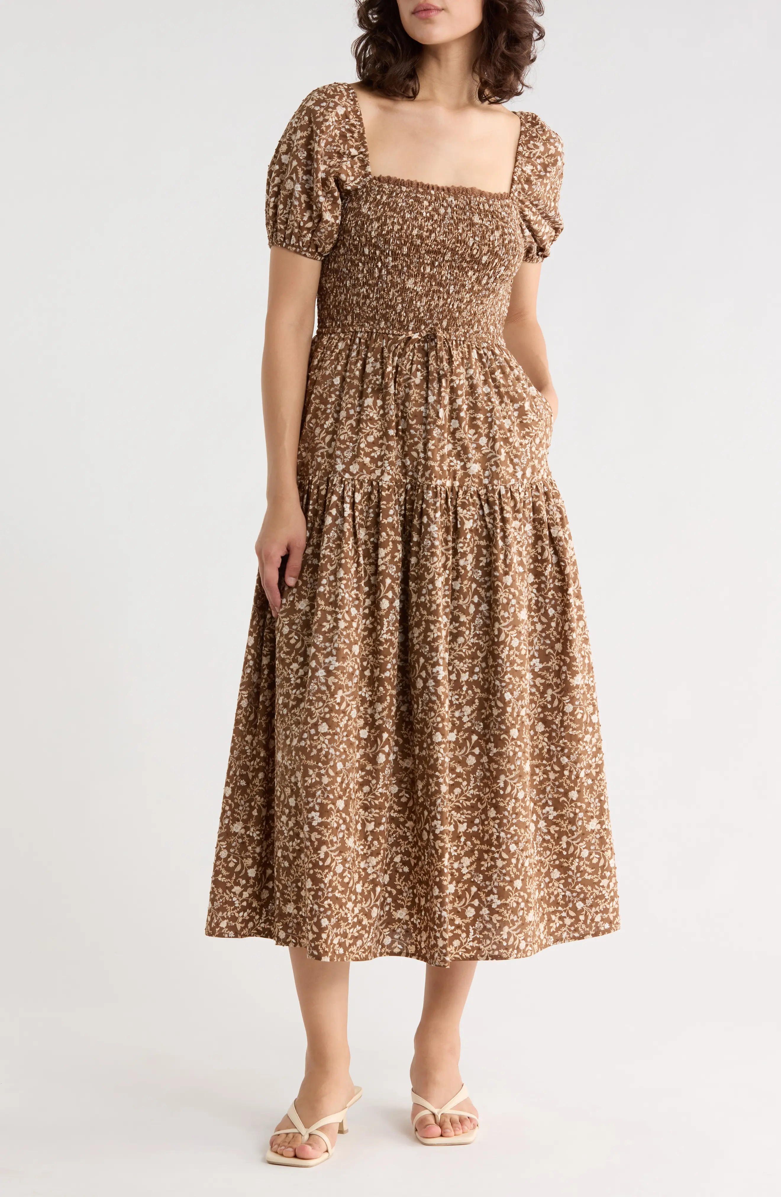 AUGUST SKY Floral Smocked Midi Dress in Light Khaki at Nordstrom Rack, Size Small | Nordstrom Rack