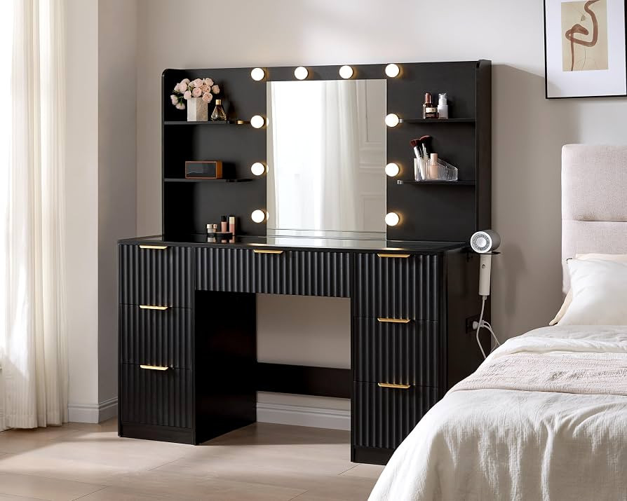 AMERLIFE 47.2" Fluted Vanity Desk with Mirror and Adjustable LED Lights, Large 7 Drawers Makeup T... | Amazon (US)
