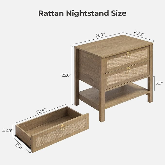 SICOTAS Night Stand Set of 2, Rattan Nightstand with Drawers and Storage Shelf - Boho Bedside Tab... | Amazon (US)