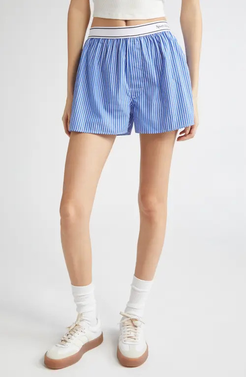 Sporty & Rich Serif Logo Stripe Boxer Shorts in Blue Striped at Nordstrom, Size X-Small | Nordstrom