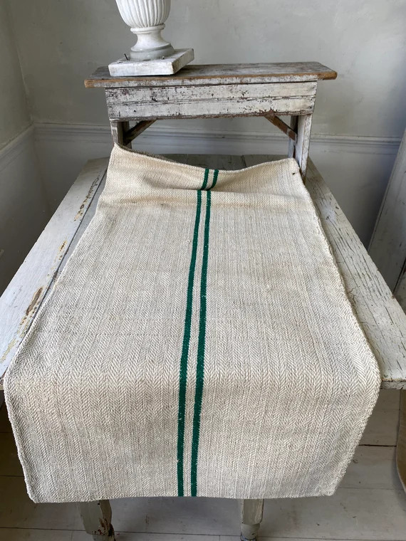 Grain Sack Green & White Striped Linen Fabric Bag Hemp Stripe | Etsy | Etsy (US)
