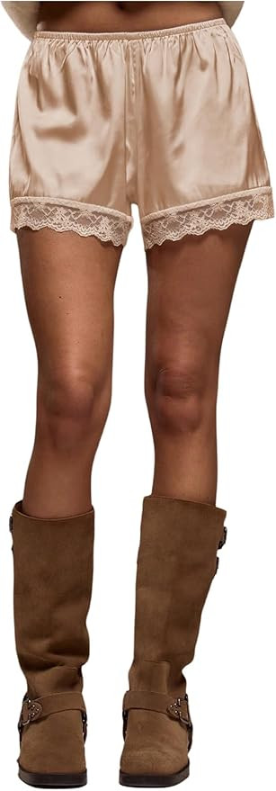 Women's Lace Trim Satin Shorts Shiny Elastic Waist Mini Shorts French Knickers | Amazon (US)