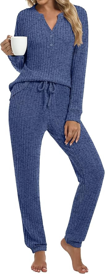 ANRABESS Womens Lounge Set 2025 Fall 2 Piece Outfit Long Sleeve Pajamas Sets Henley Top & Pants L... | Amazon (US)