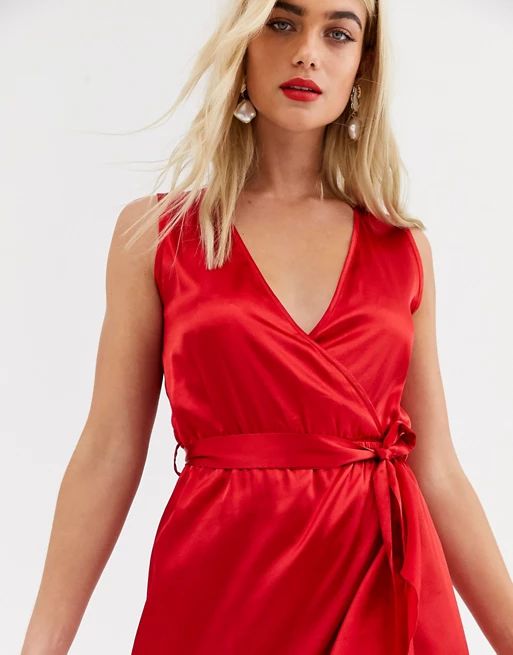 AX Paris satin ruffle midi wrap dress in red | ASOS (Global)
