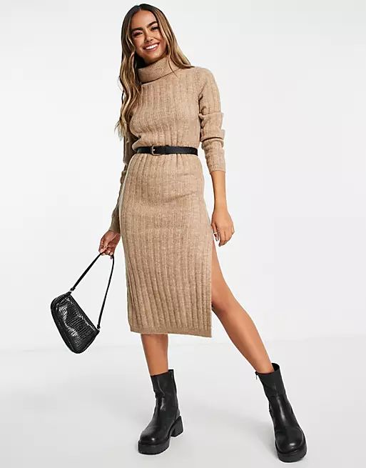 ASOS DESIGN knitted midi dress with roll neck in taupe  | ASOS | ASOS (Global)