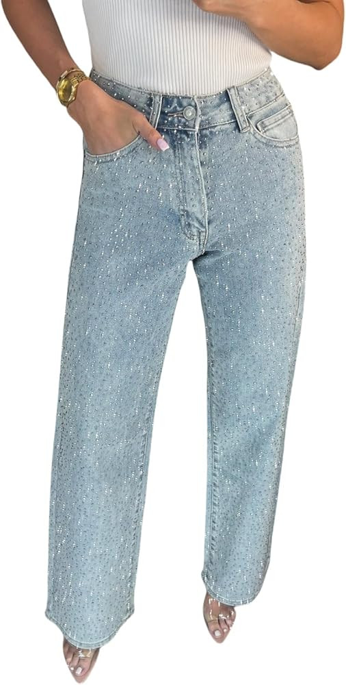 Women's Casual Rhinestone Loose Harem Jeans, Bling Denim Pants, Loose Straight, High Waisted Rhin... | Amazon (US)