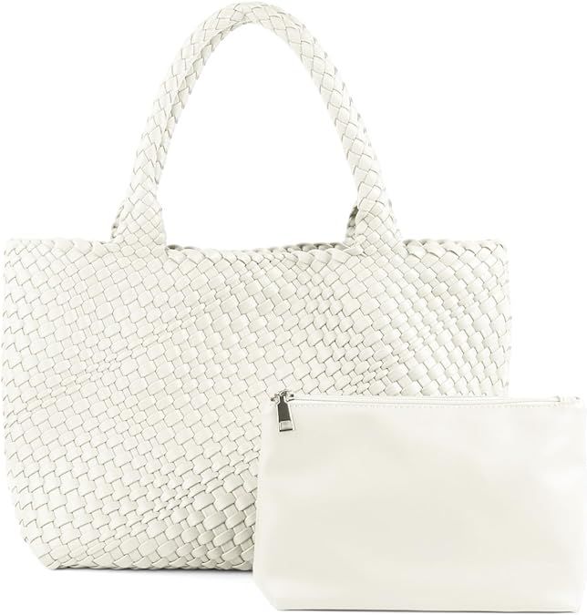 Woven Tote Bag for Women, Large Vegan Leather Beach Bag with Purse, Top-handle Travel Handbag Wov... | Amazon (US)