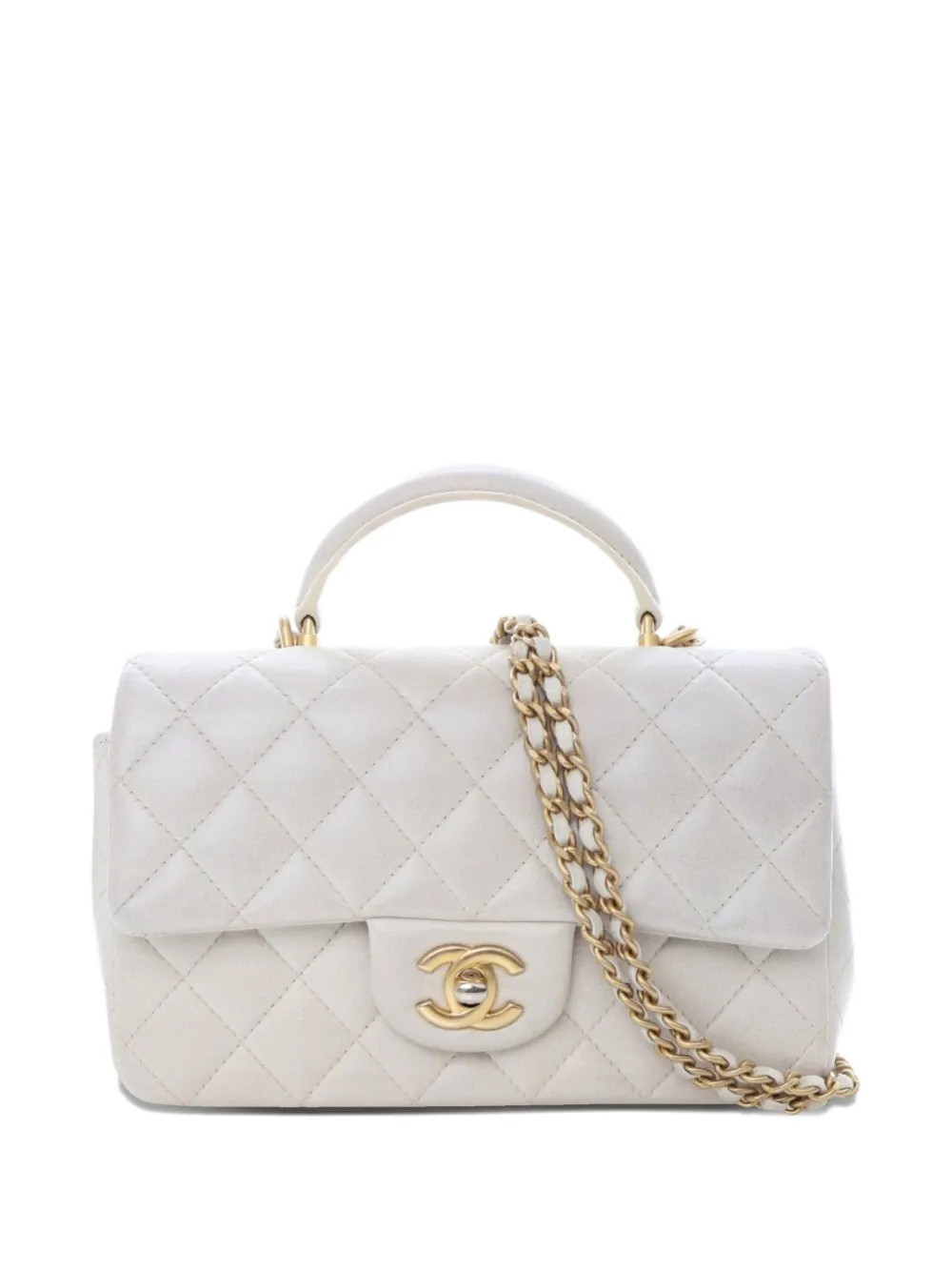 CHANEL Pre-Owned 2021 Mini Rectangular Lambskin Top Handle Flap satchel - White | Farfetch Global