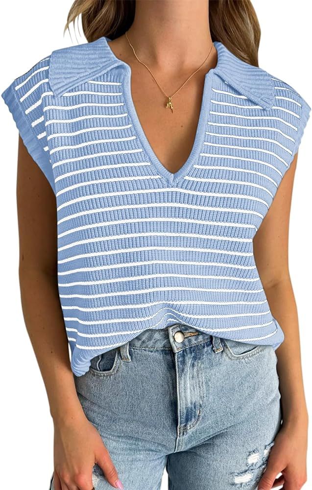 Yousify Summer Sweaters for Women 2024 V Neck Cap Sleeve Tops Sleeveless Spring Clothes S-2XL | Amazon (US)