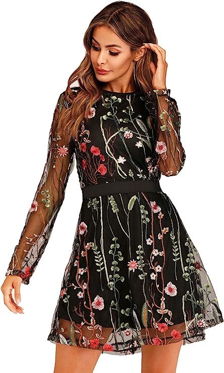 Milumia Women's Floral Embroidery Mesh Round Neck Tunic Party Dress | Amazon (US)