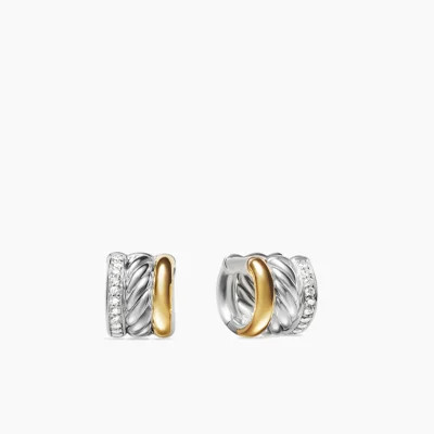 DY Mercer® Huggie Hoop Earrings in  Sterling Silver with 18K Yellow Gold and Diamonds, 14mm | David Yurman