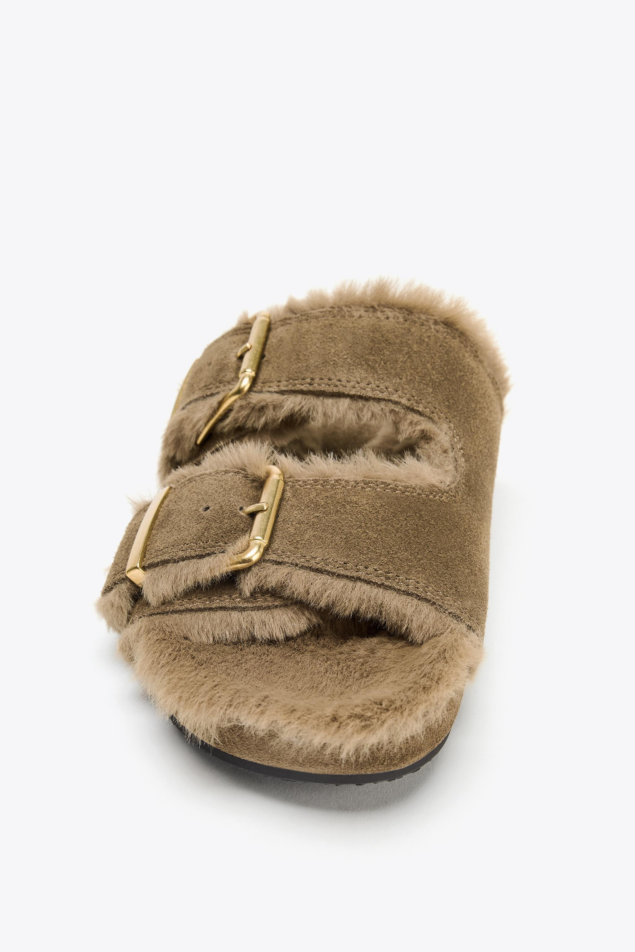 FAUX FUR FLAT BUCKLE SANDALS | Zara US