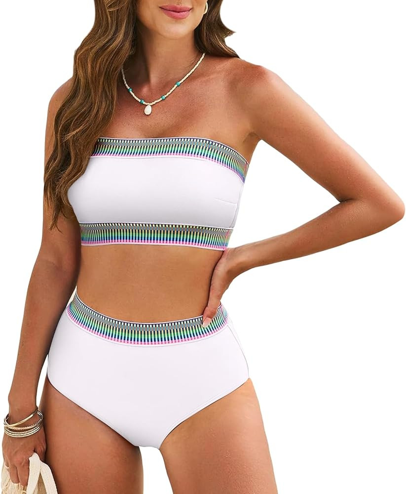 Pink Queen Tube Top Bikini Sets for Women Removable Strap Pad Color Block Two Piece Swimming Suit... | Amazon (US)