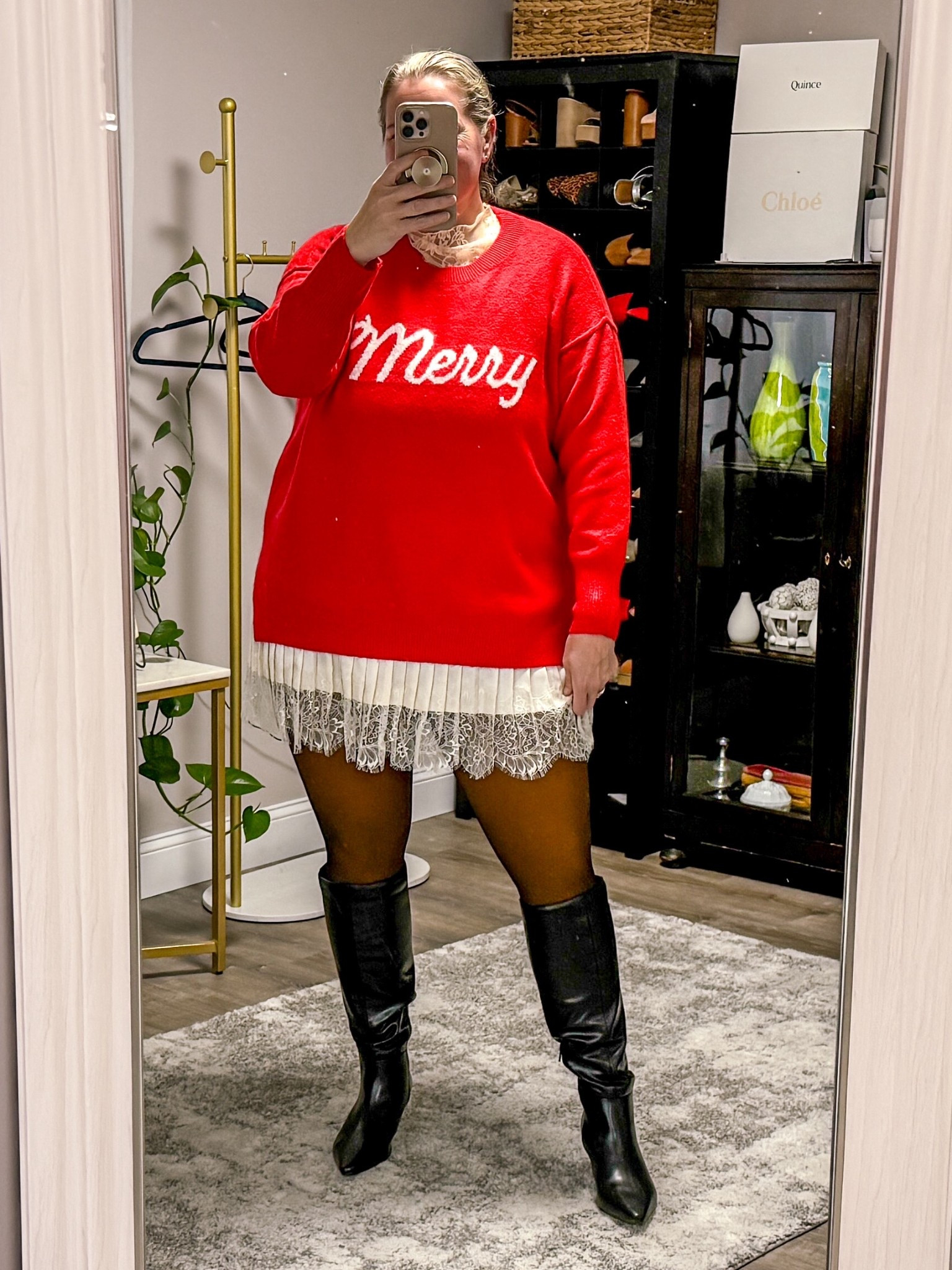 Christmas outfit Idea 

Oversized sweater, fleece lined tights, and this cute satin and love detail skirt with tall boots! 

#LTKSeasonal #LTKOver40 #LTKHoliday