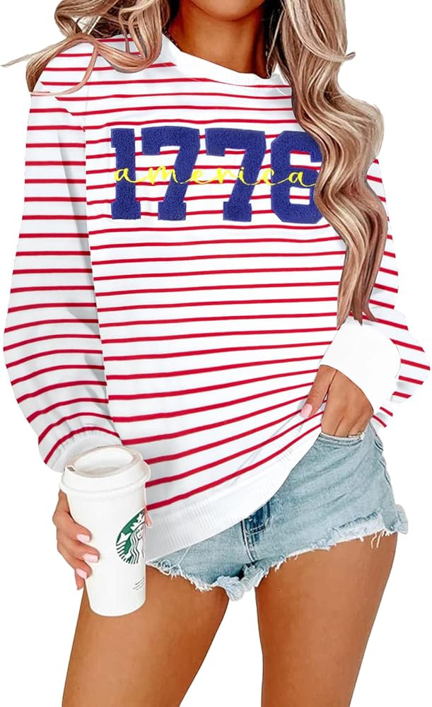 1776 America Shirt Women Star Stripe Long Sleeve Tee Patriotic 4th of July Summer USA Flag Tops | Amazon (US)