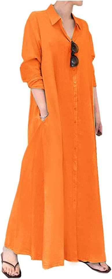 Ladyful Women's Casual Button Down Cotton Linen Long Shirt Dress | Amazon (US)