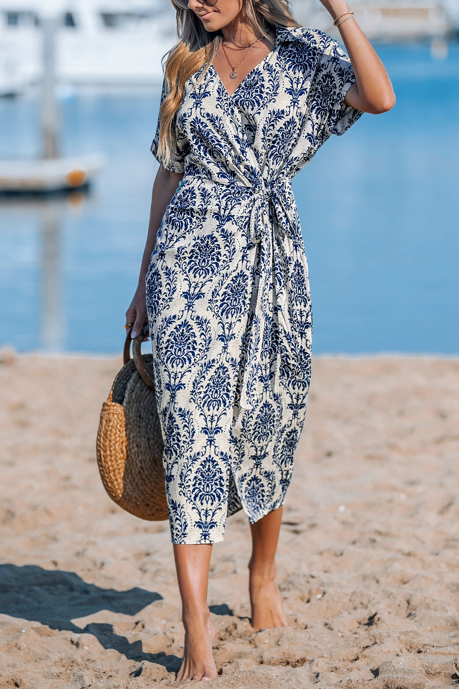 Blue Collared Wrap Midi Dress | Cupshe US