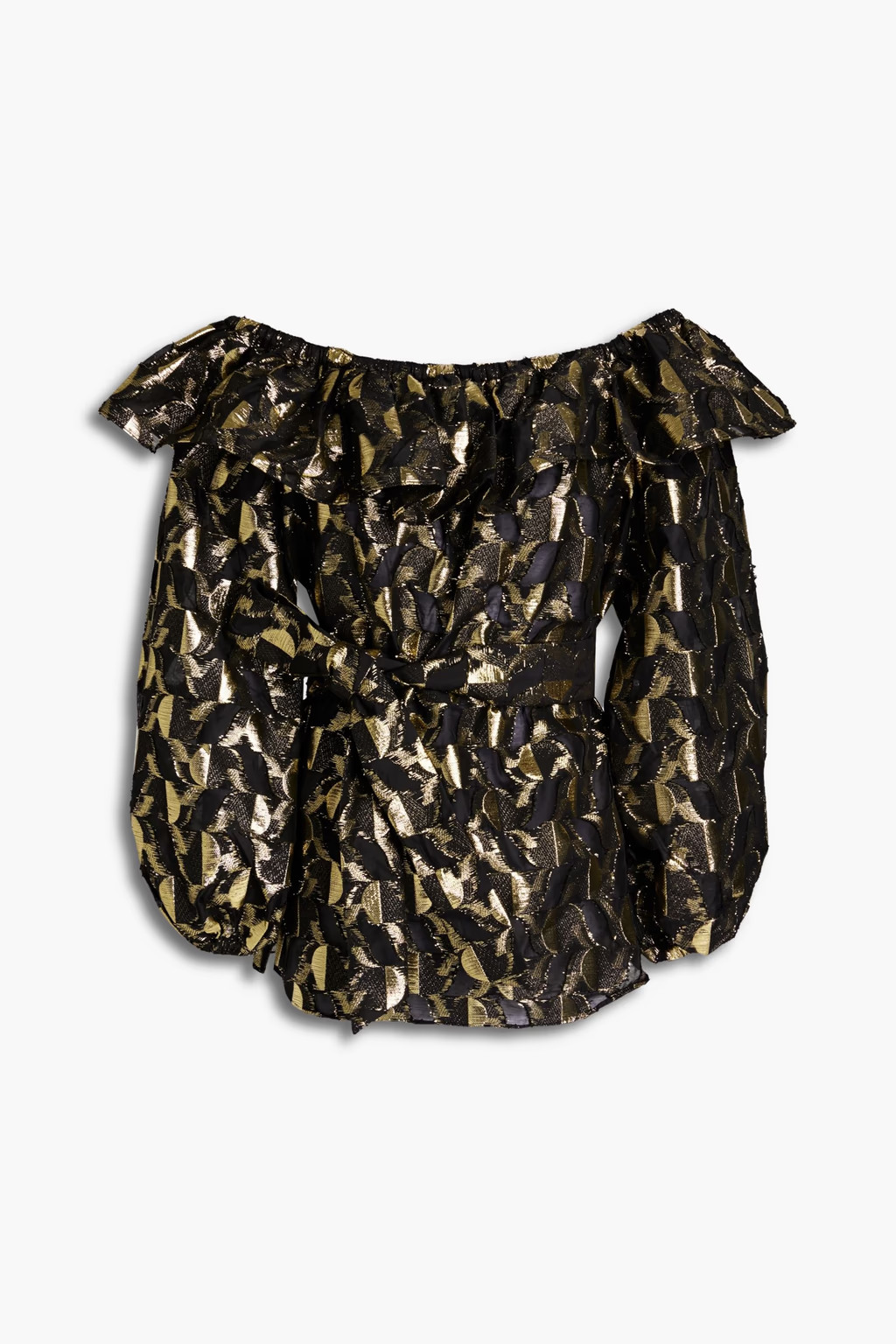 Off-the-shoulder belted ruffled metallic jacquard top | The Outnet (US and CA)