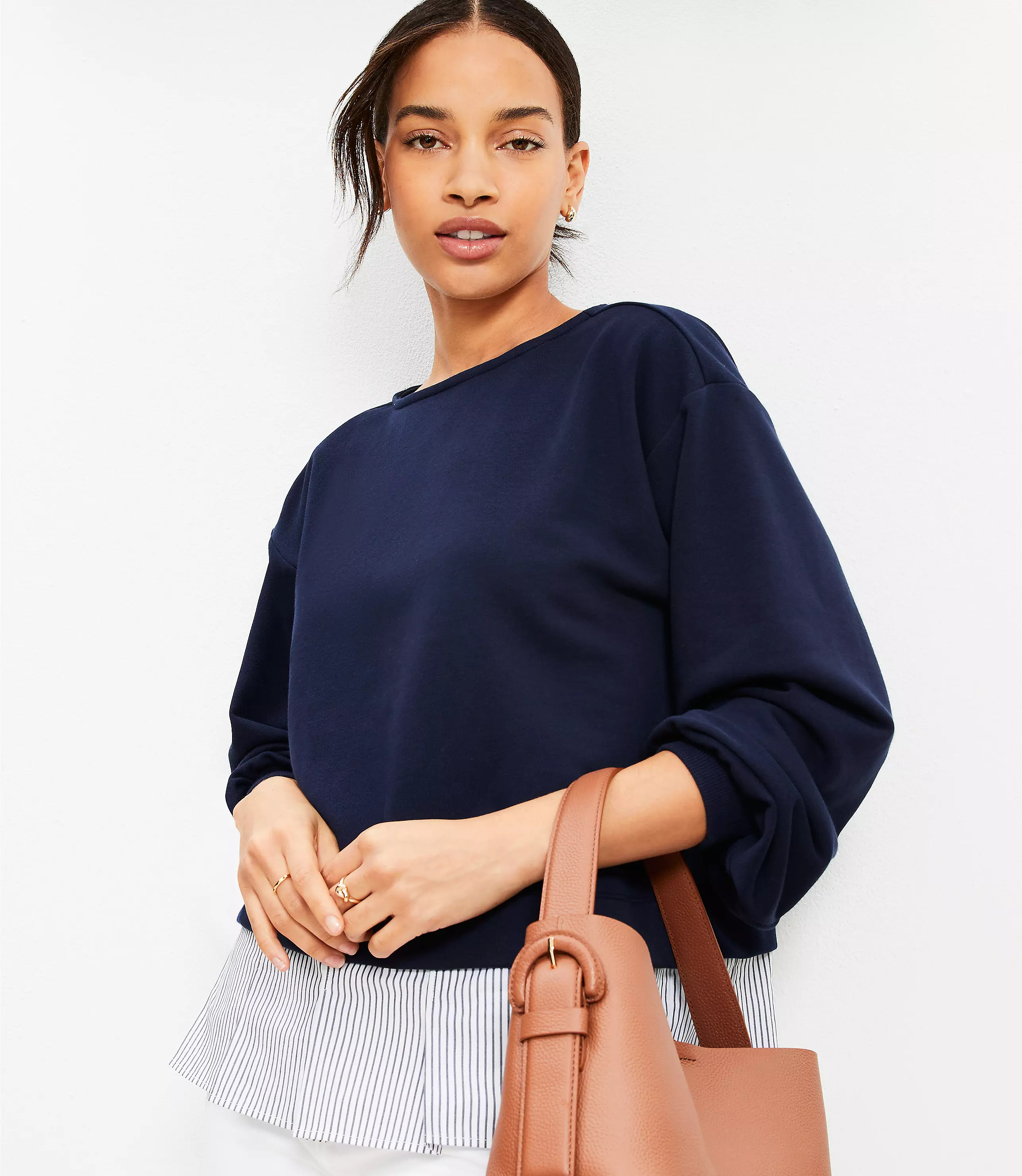 Striped Poplin Mixed Media Sweatshirt | LOFT